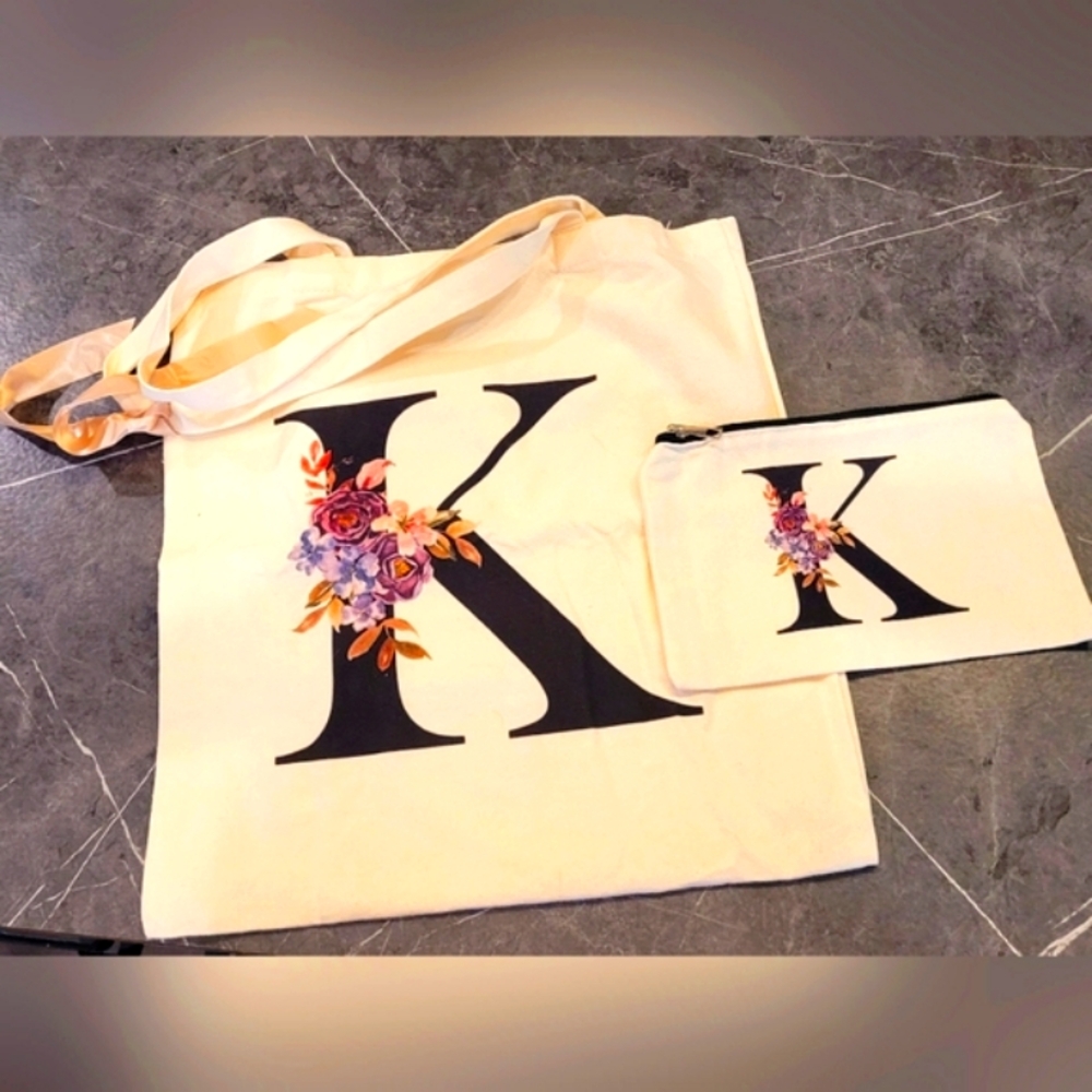 Floral Initial K Tote and Makeup Bag Set